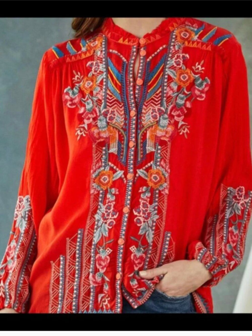 Johnny Was Red Boho Embroidered Jude Blouse Top Womens Size Medium